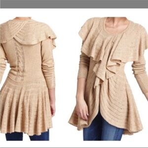 Anthropologie Leifnotes Ruffle Beige Cardigan Sweater